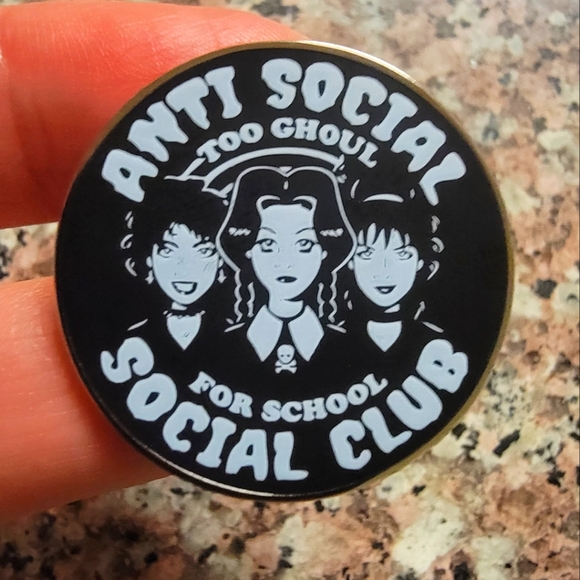 Jewelry - *2 for $13* Gothic "Anti-Social Social Club" Too Ghoul For School Round Pin